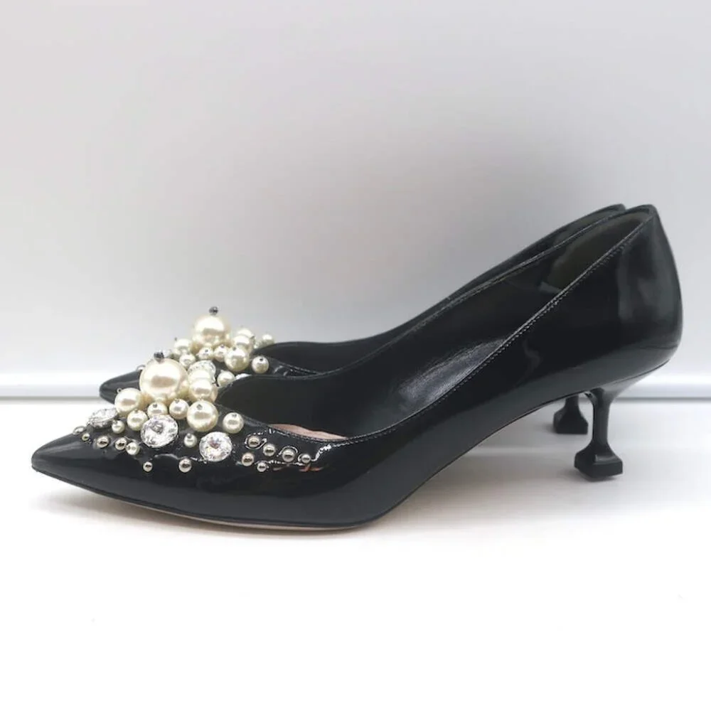 Miu Miu Pearl & Crystal-Embellished Low-Heel Pumps Black Patent Leather Size 38 - Picture 6 of 13